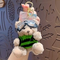 Brown plush bear keychain with goggles and green striped sweater on a gold ring - Scented - Dark Green Stripes (No Tag)