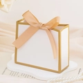 Elegant white wedding candy box featuring a champagne satin bow and gold frame accents - Small / White with Gold Edge (Gold Ribbon)
