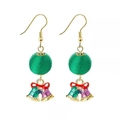 Detail of Christmas earrings featuring green woven balls and colorful enamel holiday bells - Green Woven Ball with Bell