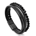 Mehrlagiges Herren-Lederarmband mit schwarzen Perlen und Magnetverschluss - Schwarz