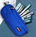 Large capacity blue canvas pencil case with double zippers for school stationery - New Style / Blue