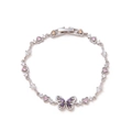 Silver bracelet featuring purple butterfly and pink heart-shaped zircon stones - Silver Hollow Butterfly Bracelet