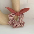 Red and yellow plaid scrunchie with silk ribbon bow accessory for women - Pink Plaid Bow