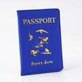 Close-up of navy blue PU leather passport cover with gold-stamped extreme sports design - Blue
