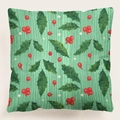 Funda de cojín navideña con hojas de acebo verdes y bayas rojas sobre rayas finas - Estilo 28-Bayas de acebo / 45x45 cm