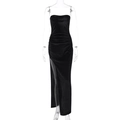 Detail of elegant black velvet tube dress featuring a high side slit and ruched texture - S / Black