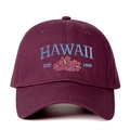 Burgundy cotton baseball cap with blue HAWAII embroidery and pink hibiscus flower - Burgundy
