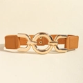 Brauner elastischer Taillengürtel mit großer goldener C-Ring Metallschnalle für Damen - 65cm / Kamel Gold