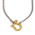 Two-tone stainless steel box chain necklace with gold D-ring horseshoe buckle - Two-tone Gold Silver 2 (N3386)