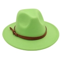 Close-up of bright green wool fedora hat featuring a brown leather band and metal buckle - M (56-58cm) / Fruit Green (Yellow Rope)