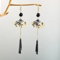 Retro ink bamboo fan earrings with black beads and tassels on a branch - E4800/Ink Bamboo Tassel