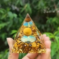 Tiger Eye Crystal Pyramid with Tree of Life and gold foil resin tabletop decor - 6cm / A14-Tiger Eye Tree of Life