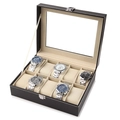 10-slot black leather watch box with glass lid and beige velvet lining in 45-degree view - 10-Slot Watch Organizer Box