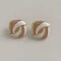 Square enamel stud earrings in cream white and beige with golden swirl accents - Khaki (KDE2224)