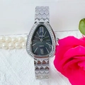 Elegant snakehead watch with silver scale band and black dial for women - Silver Case Black Dial