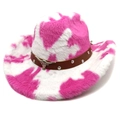 Pink and white cow print faux fur cowboy hat with bull head metal emblem and silver studs - M (56-58cm) / Straight Top / Rose Red