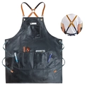 Grembiule da lavoro in pelle PU nera impermeabile con spalline incrociate e varie tasche - Tracolla in metà tessuto e metà pelle / Nero