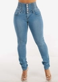 Detail of high waisted blue skinny jeans with five-button fly and elastic pleated waist - Light Blue
