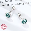 925 sterling silver flower stud earrings with green enamel petals on white background - Silver Green