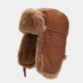 Detail of brown faux leather trapper hat with white stitching and warm faux fur lining - M (56-58cm) / Tan