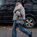 Elegant grey faux fur coat with collar styled with denim jeans for a chic winter look - XS / Gray