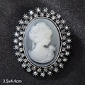 Vintage silver cameo brooch with grey portrait and rhinestone halo 3.5x4.4cm - Beauty Cameo