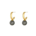 Gold C-shape earrings with lattice pattern and micro-paved crystal sphere charms - Disco Black Zirconia Ball (E307175) - Gold Black