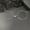 Magnetic heart stainless steel couple bracelets in silver with thick link chains - Heart Magnet Attraction Style
