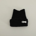 Close-up of black plush knit hat with cute cat ears and small white kitten embroidery - 3-10 Years / Black Cat