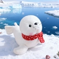 Cute white seal plush toy wearing a red snowflake scarf in a polar snow setting - White Seal-Red Small Snowflake Scarf / 18cm
