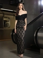 Elegant off-shoulder black lace long evening gown with floral patterns and a mermaid fit - Black
