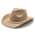 Detail of beige faux suede cowboy hat featuring elegant white pearl headband trim - M (56-58cm) / Camel