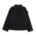 Women's black short double-breasted trench coat with stand collar and belted waist design - XS / Black