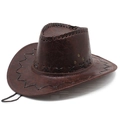 Close-up of vintage brown cowboy hat featuring X-stitch crown and black stitched brim edge - M (56-58cm) / Dark Brown