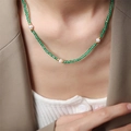 Fashionable necklace with natural white jade beads and freshwater pearls on model - 38+8cm / Green Beads & Freshwater Pearl