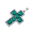 Detailed view of silver cross pendant with emerald green square stones and tiny zircons - Platinum Green Zirconia
