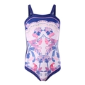 Pink girls' one-piece swimsuit with tropical floral bird print and blue trim - 104 / Dark Blue Symmetrical Bird Floral