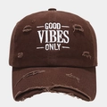 Detail of Good Vibes Only white embroidery on vintage distressed dark brown baseball cap - Adjustable / Coffee