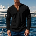 Men's corduroy long sleeve Henley shirt with contrast collar on yacht background - S / Black