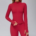 Women's slim-fit dark red yoga jacket and leggings set with thumbhole sleeves - S / Lava Red
