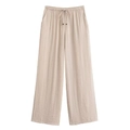 Detail of light beige wide-leg trousers featuring linen texture and drawstring with wooden beads - XS / Apricot Pants