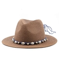 Brown panama straw hat with shell bead band accessory and classic fedora styling - Coffee