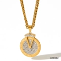 Gold stainless steel necklace with roman numeral pendant and pavé micro rhinestones - Full Zirconia Roman Numeral Dial Pendant Chunky Necklace (KCD582)
