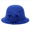 Detailed close-up of Royal Blue wool felt bowler hat with handmade floral ornament - M (56-58cm) / Sapphire Blue