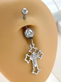 Silver cross navel ring with crystal stones on realistic skin silicone model - Hollow Cross Dangle (Z-584)