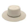 Detail of cream straw boater hat featuring a stylish silver metal curb chain decoration - M(56-58cm) / Pure White