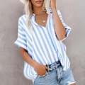 Women's casual loose blue and white striped V-neck short sleeve button down shirt - S / Sky Blue