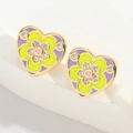 Golden heart stud earrings with purple and yellow floral enamel and sparkling zircons - Purple (ES2607)
