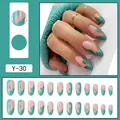 Mint green and nude long oval press-on nails with elegant gold wavy line designs - Mint Green Nude Pink Patchwork Gold Wave Almond Style (Y-30) / Glue Type