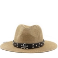 Sombrero de paja unisex con cinturón de cuero y calavera punk para playa y viajes sol - M (56-58cm) / Caqui